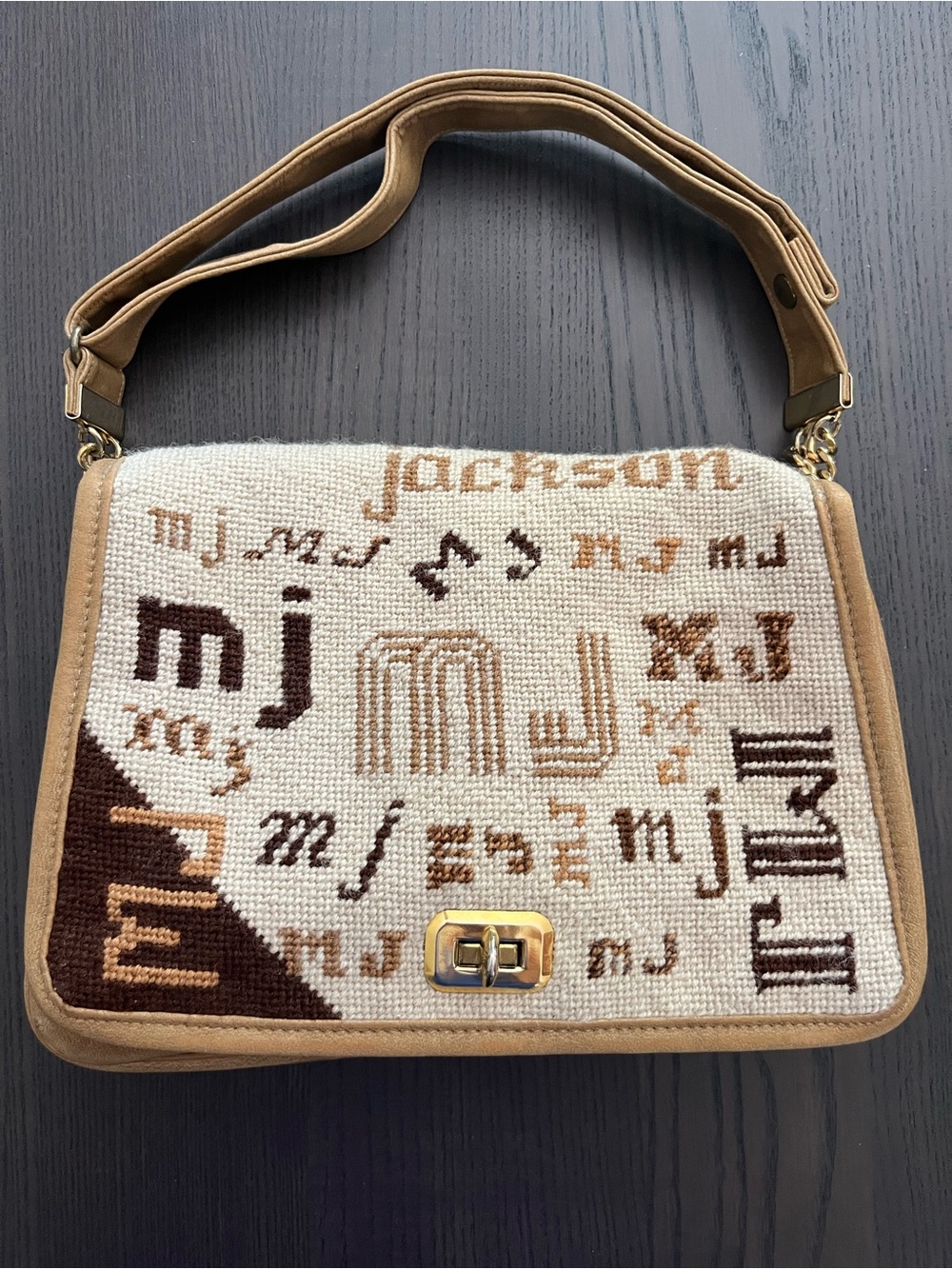 Vintage Melva Jackson Needlepoint Tapestry Handbag Brown Monogram MJ Purse